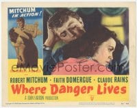 9z953 WHERE DANGER LIVES LC #2 1950 close up of Robert Mitchum holding pretty Faith Domergue!