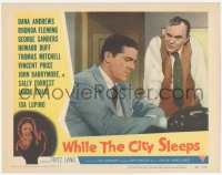 9z956 WHILE THE CITY SLEEPS LC #1 1956 c/u of Thomas Mitchell & worried Dana Andrews, Fritz Lang!