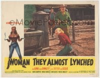 9z981 WOMAN THEY ALMOST LYNCHED LC #4 1953 female gunfighter Audrey Totter wounded on the ground!