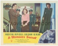 9z982 WOMAN'S SECRET LC #8 1949 close up of guilty Maureen O'Hara with cops in Nicholas Ray noir!