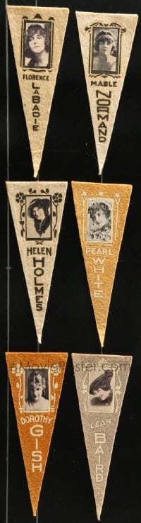 1a532 LOT OF 6 FELT PENNANTS 1910s Mabel Normand, Pearl White, Dorothy Gish & more!