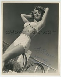 1b464 JANET BLAIR signed 8x10 still 1940s super sexy swimsuit portrait by pool by Cronenweth!