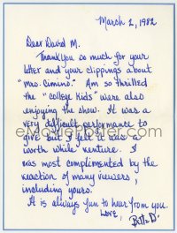 1b246 BETTE DAVIS signed letter 1982 thanking David Mallery for his praise of Mrs. Cimino!