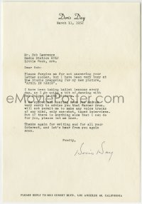 1b254 DORIS DAY signed letter 1952 to a radio station host saying she can't do an interview!