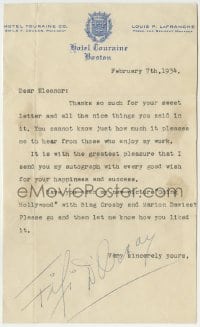1b256 FIFI D'ORSAY signed letter 1934 thanking a fan for letter & promoting Going Hollywood!