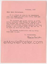 1b274 LILLIAN GISH signed letter 1987 telling fan she opened The Whales of August on her birthday!