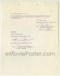 1b228 FRANK CAPRA signed contract 1958 hiring Edith Head for costumes for A Hole in the Head!