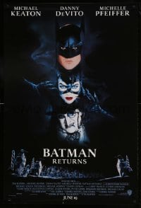 1c109 BATMAN RETURNS int'l advance DS 1sh 1992 Burton, Keaton, cool white date design!