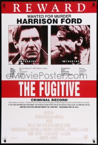 1c344 FUGITIVE recalled int'l 1sh 1990s Harrison Ford is on the run, cool wanted poster design!