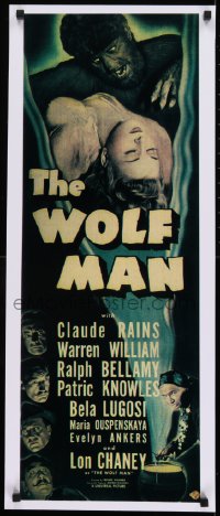 1d936 WOLF MAN 14x34 commercial poster 1990s hairy Lon Chaney Jr., reproduces 1941 insert!