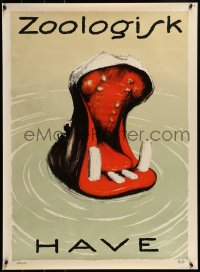 1d941 ZOOLOGISK HAVE 25x33 Danish commercial poster 1984 art of hippo from original 1924 poster!