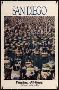 1d197 WESTERN AIRLINES SAN DIEGO 24x37 travel poster 1980s cool image of boats in harbor!
