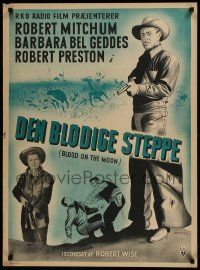 1f475 BLOOD ON THE MOON Danish 1950 art of cowboy Robert Mitchum pointing gun & Barbara Bel Geddes