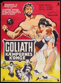 1f497 GOLIATH & THE BARBARIANS Danish 1960 different art of Steve Reeves protecting Chelo Alonso!
