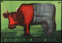 1f747 LETO S KOVBOJEM Polish 23x32 1977 wild artwork of bull with pants by Krzysztof Nasfeter!