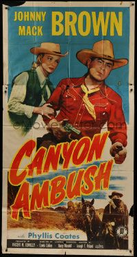 1g681 CANYON AMBUSH 3sh 1952 great image of cowboy Johnny Mack Brown protecting Phyllis Coates!