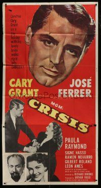 1g691 CRISIS 3sh 1950 great huge headshot artwork of Cary Grant, plus Paula Raymond & Jose Ferrer!