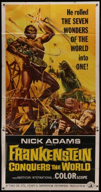 1g713 FRANKENSTEIN CONQUERS THE WORLD 3sh 1966 Toho, art of monsters terrorizing by Reynold Brown!