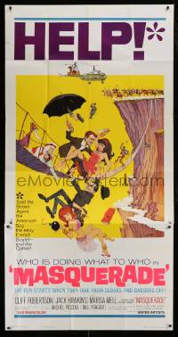 1g813 MASQUERADE 3sh 1965 Cliff Robertson, Marisa Mell, great wacky Jack Rickard artwork!