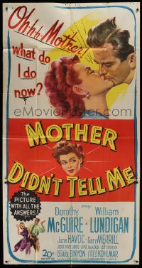 1g821 MOTHER DIDN'T TELL ME 3sh 1950 art of Dorothy McGuire & William Lundigan kissing!