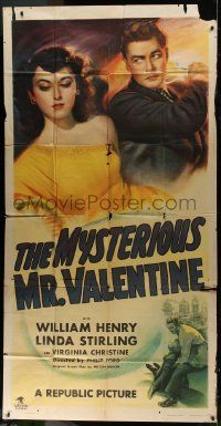 1g832 MYSTERIOUS MR. VALENTINE 3sh 1946 different art of William Henry attacking Linda Sterling!