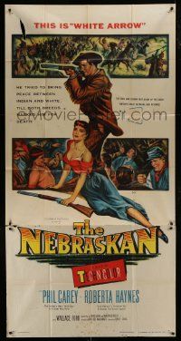 1g837 NEBRASKAN 3D 3sh 1953 Phil Carey & Roberta Haynes, story of the great Indian betrayal, rare!