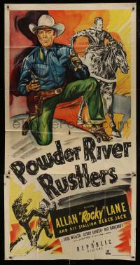 1g877 POWDER RIVER RUSTLERS 3sh 1949 cowboy Rocky Lane stops a fake railroad agent, cool art!
