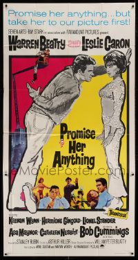 1g879 PROMISE HER ANYTHING 3sh 1966 art of Warren Beatty w/fingers crossed & pretty Leslie Caron!