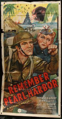 1g889 REMEMBER PEARL HARBOR 3sh 1942 art of soldier Don Red Barry & Fay McKenzie in World War II!