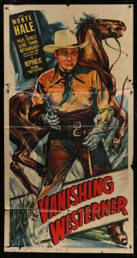 1g976 VANISHING WESTERNER 3sh 1950 great full-length art of cowboy Monte Hale with gun by horse!