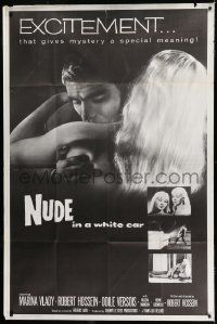 1g020 NUDE IN A WHITE CAR 40x60 1961 Robert Hossein & sexy naked Marina Vlady making out in car!