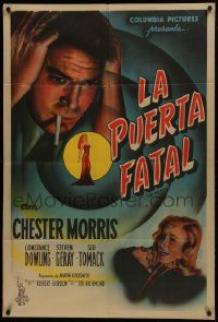 1g426 BLIND SPOT Argentinean 1947 art of worried smoking Chester Morris & terrified girl, film noir