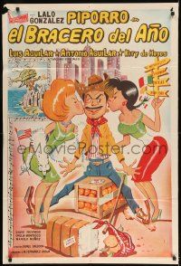 1g466 EL BRACERO DEL ANO Argentinean 1964 art of Eulalio Gonzalez kissed by two sexy ladies!