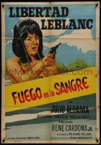 1g479 FUEGO EN LA SANGRE Argentinean 1966 close up art of Libertad Leblanc with gun!