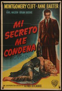 1g494 I CONFESS Argentinean 1957 art of Montgomery Clift standing over Anne Baxter, Hitchcock!