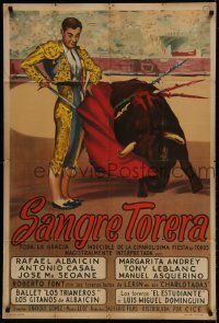 1g506 LA FIESTA SIGUE Argentinean 1948 great close up artwork of matador fighting bull in arena!