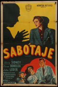 1g574 SABOTAGE Argentinean 1936 Alfred Hitchcock, art of Sylvia Sidney menaced by shadow figure!