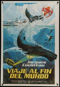 1g619 VOYAGE TO THE EDGE OF THE WORLD Argentinean 1976 Jacques Cousteau, art of whale & divers!
