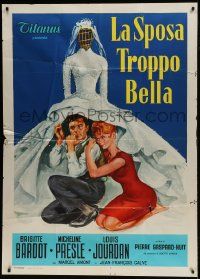 1g209 BRIDE IS MUCH TOO BEAUTIFUL Italian 1p 1958 different art of Brigitte Bardot & Louis Jourdan!