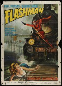 1g254 FLASHMAN Italian 1p 1967 art of wacky Italian superhero saving sexy girl on train tracks!