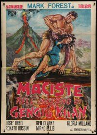 1g268 HERCULES AGAINST THE BARBARIAN Italian 1p 1964 cool art of Mark Forest & girl by volcano!