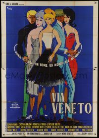 1g106 VIA VENETO Italian 2p 1964 great Brini art of 2 men with 3 sexy women, like La Dolce Vita!