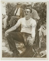 1h478 JAMES DEAN STORY 8x10.25 still 1957 great close up laughing on the set wearing sunglasses!