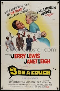 1j032 3 ON A COUCH 1sh 1966 great image of screwy Jerry Lewis squeezing sexy Janet Leigh!