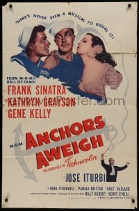 1j064 ANCHORS AWEIGH 1sh R1955 art of sailors Frank Sinatra & Gene Kelly with Kathryn Grayson!