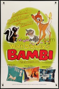 1j086 BAMBI style B 1sh R1966 Walt Disney cartoon classic, great art with Thumper & Flower!