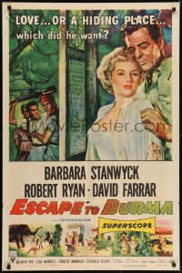 1j313 ESCAPE TO BURMA 1sh 1955 Robert Ryan & Barbara Stanwyck in the jungle!