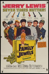 1j324 FAMILY JEWELS 1sh 1965 Jerry Lewis is seven times nuttier in seven roles, wacky art!