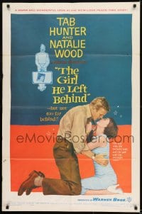 1j378 GIRL HE LEFT BEHIND 1sh 1956 romantic image of Tab Hunter about to kiss Natalie Wood!