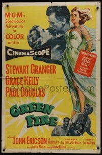 1j406 GREEN FIRE 1sh 1954 art of Stewart Granger & beautiful full-length wind-blown Grace Kelly!